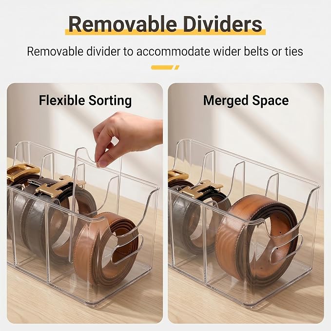 Clear Acrylic Belt Organizer 2 Pack, Stackable Belt Holder with 5 Removable Dividers & Built-in Handles, Multi-Purpose Drawer Closet Storage Display Bin for Belts, Ties, Socks, Underwear