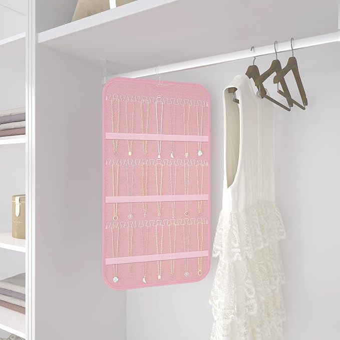 Double-Sided Hanging Jewelry Organizer for Necklaces Earrings, 1-Pack, Pink | Foldable 36 hooks & 40 clear pockets; swivel hook fits walls, doors & rods for earrings, bracelets, rings & small jewelry