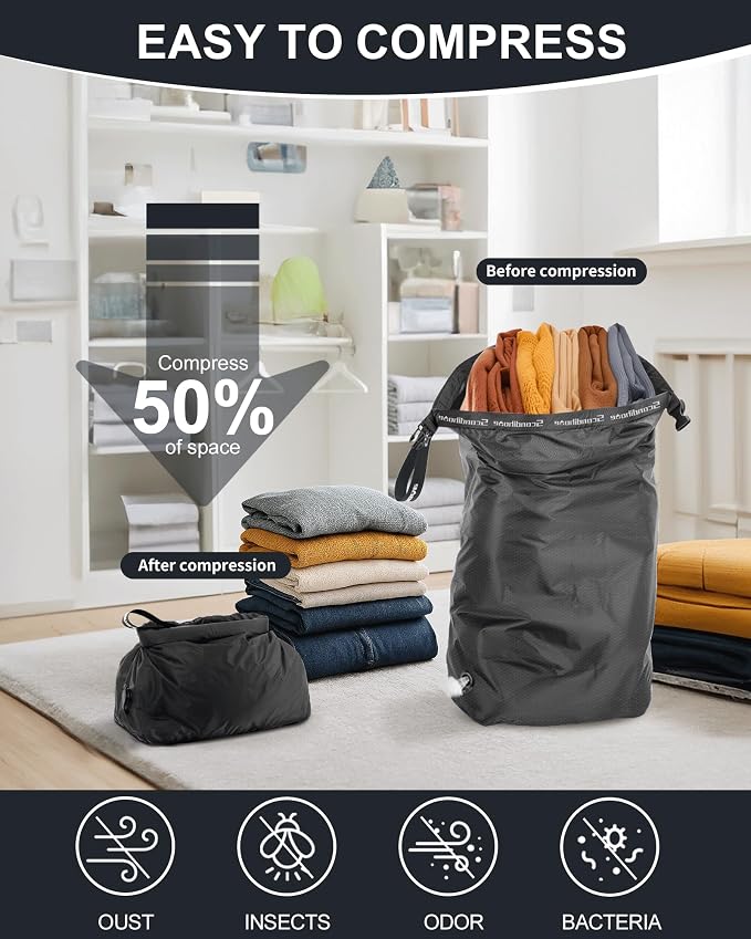 Travel Laundry Bag, Pump-Free Vacuum Compression Dirty Clothes Bag, Small Reusable Waterproof & Washable Laundry Bag, Wet and Dry Bag, Ideal for Suitcases, Road Trip Essentials (1 Pack) Black