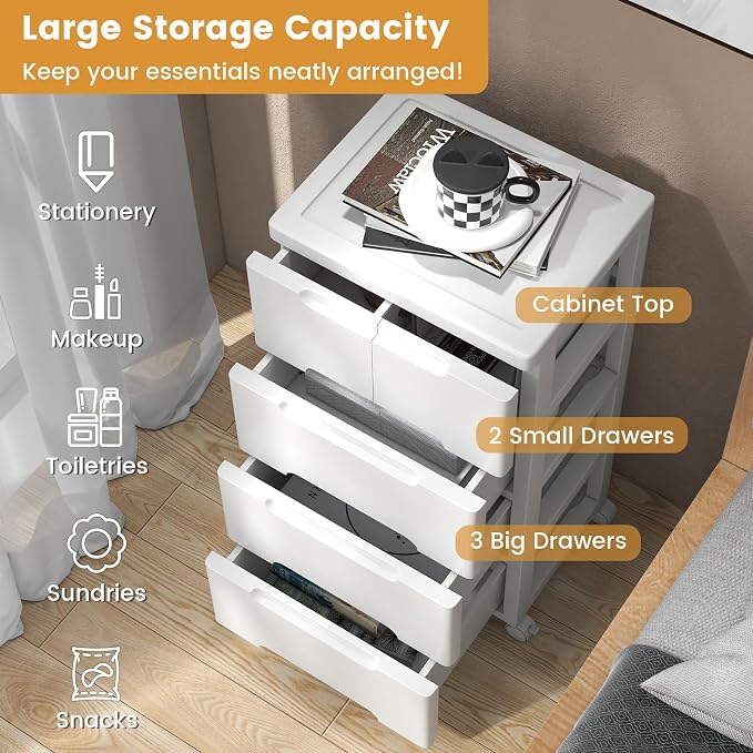 LOKO 5-Drawer Plastic Rolling Storage Cart (16"x13"x31") | Mobile Storage Cabinet | Vertical Storage Tower Container Unit | 4 Universal Wheels | For Living Room, Home Office
