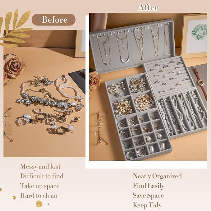 Cinnvoice Set of 5 Stackable Jewelry Organizer Trays for Drawer 14 Inch Velvet Jewelry Drawer Insert Display Storage with Removable Divider for Necklace Earring Ring Watch Bracelet (Gray)