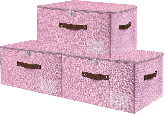 ANMINY Fabric Storage Box Bins with Zipper Lid, Washable Pink, 3PCS | Cotton Linen Fabric, PP Board Frame, Label Holder, Stackable & Foldable, PU Handles, Dual-Zipper 3-Side Open Lid, Large