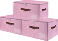 ANMINY Fabric Storage Box Bins with Zipper Lid, Washable Pink, 3PCS | Cotton Linen Fabric, PP Board Frame, Label Holder, Stackable & Foldable, PU Handles, Dual-Zipper 3-Side Open Lid, Large
