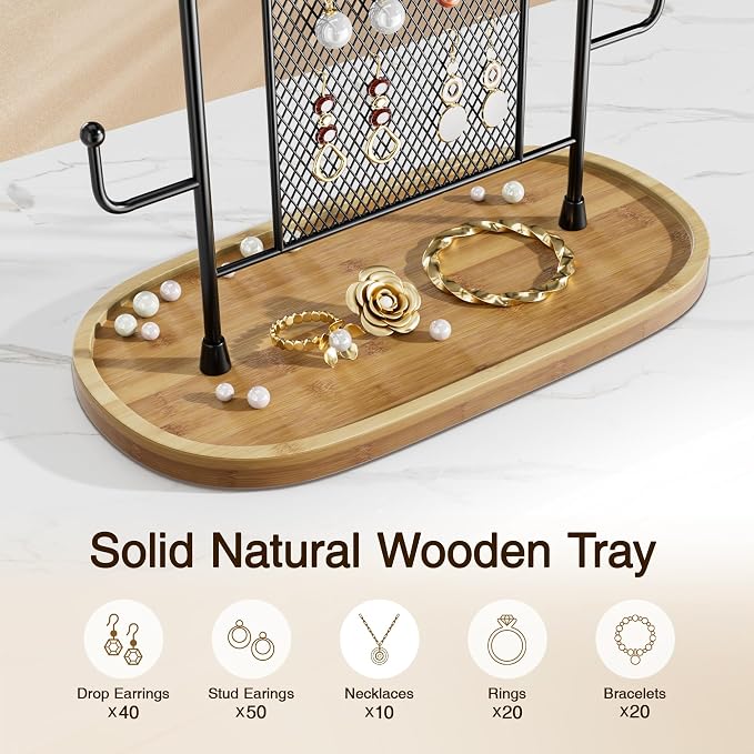 bussdis Jewelry Holder Organizer Earring Display - Earring Storage Tree Stands Towers With 6 Hooks 300 Studs Wood Tray Black Metal Rack