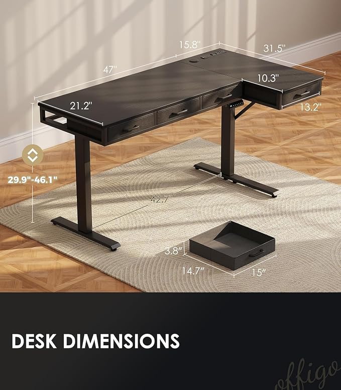 OffiGo 63 Inch L Shaped Electric Standing Desk with 4 Drawers, Black | Reversible Corner Table, Office Desk With 4 Drawers and Outlets For Home Office, Computer Workstation And Sit Stand Use