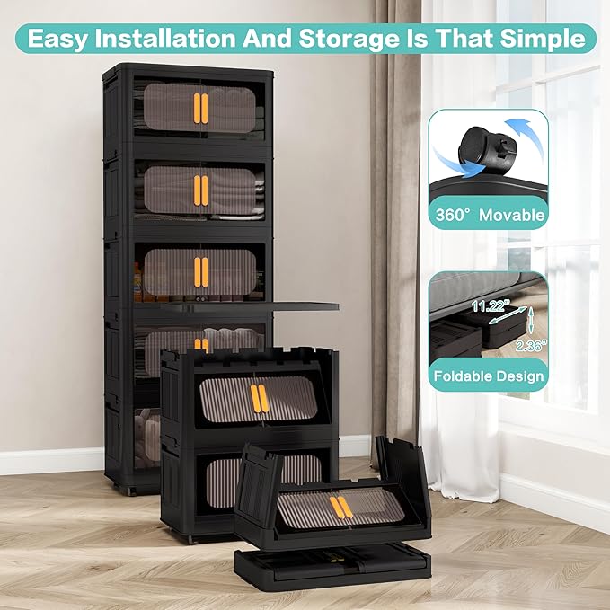 Foldable Storage Cabinet，Plastic Cabinet，Stackable Storage Bins， Open Front with Magnetic Door and Wheels(Black - 4Tiers)