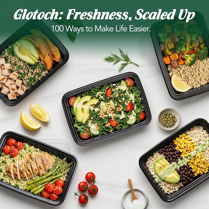 Glotoch Express Meal Prep Containers with Lids 32oz 100 Pack (200 Piece) | Reusable Sturdy Food Containers Leakproof Airtight Microwave Freezer Safe Plastic Bento Lunch Boxes for To Go Takeout