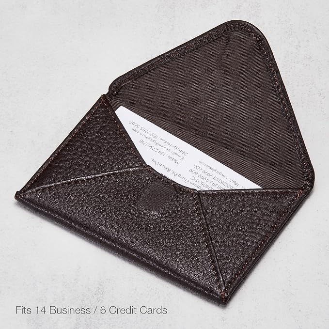 HISCOW Italian Pebbled Leather Business Card Holder, Minimalist Full Grain Envelope Card Case with Hidden Magnetic Closure, 0.19 Inch Slim Front Pocket Wallet for Men and Women, Espresso