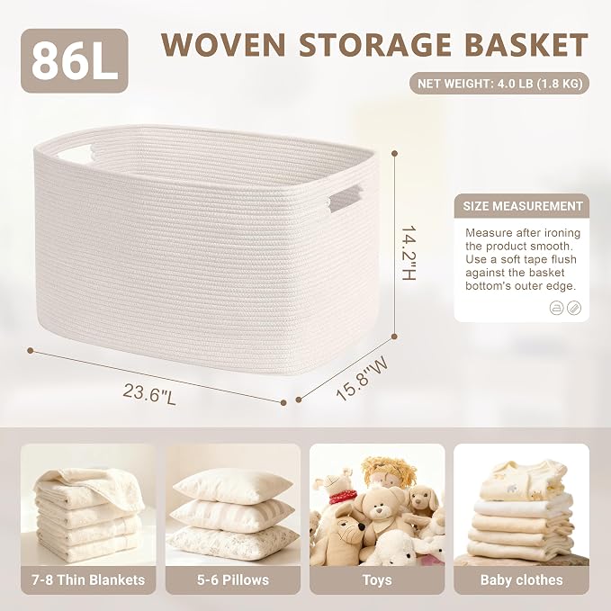 86L Large Woven Laundry Basket Hamper with Handles, White | 24"x16"x14", collapsible wicker hamper, storage for dirty clothes, toys, blankets, gifts, living room, bedroom, bathroom
