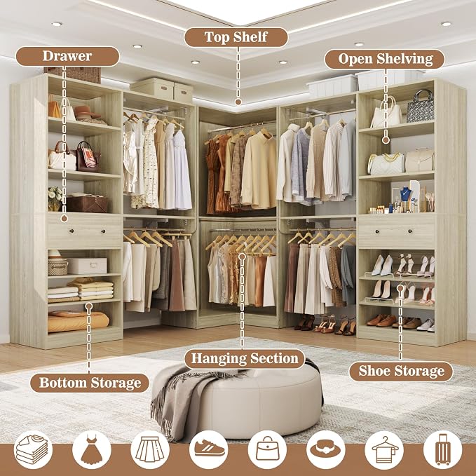 Armocity Closet System Set of 2 - Corner Closet Organizer System with Drawer/9 Shelves/4 Hanging Rods, 91.3" L-Shaped Walk-In Wardrobe Organizer, 1800+ lbs Capacity, White Oak