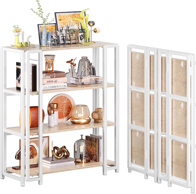 UDD 4 Tier Wide Folding Bookshelf No Tools Assembly, 34.5" H x 30.9" W, Foldable Book Shelf Vintage Collapsible Bookcase, Industrial Storage Shelves for Bedroom Office Living Room, Light Oak White