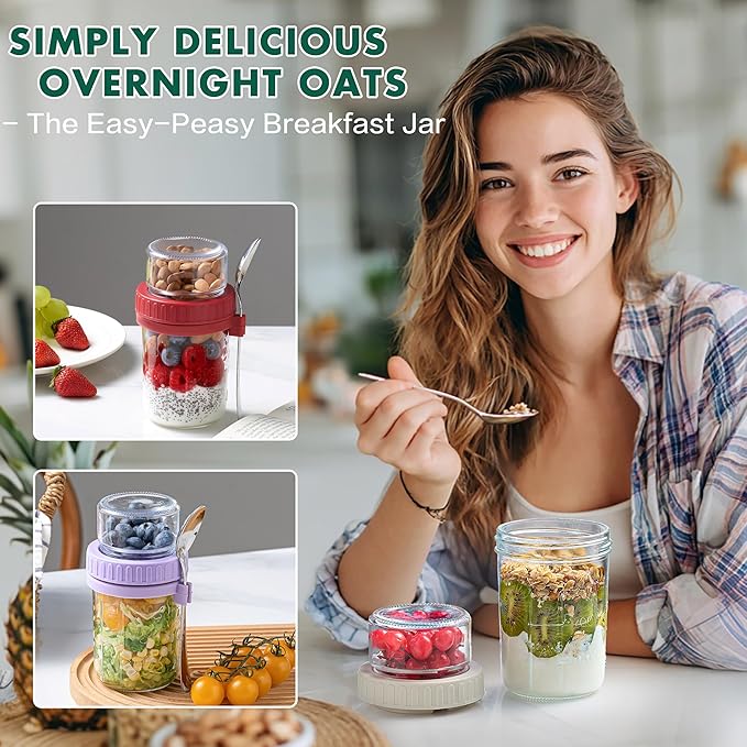 Danmu 4 Pack Overnight Oats Containers with Lids 21 oz (16+5),Dual-Layer Yogurt Parfait Cups with Lids,Meal Prep Containers Glass for Snack,Overnight Oats,Yogurt,Parfait,Salad Dishwasher Safe | 4pcs,Dry&Wet Separation,Wide Opening,Leakproof,Parfait Con...