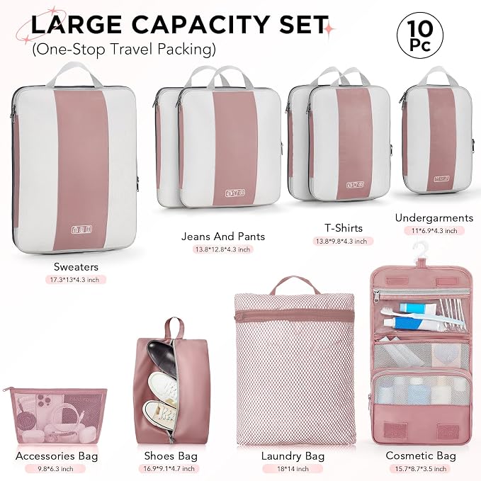 OlarHike 10 Set Compression Packing Cubes for Travel Essentials,Compressible Expandable Space Saver Bags for Organizing Clothes,Luggage Suitcase Garment Bags with Over 1000 pcs Mesh Holes(Light Coral)