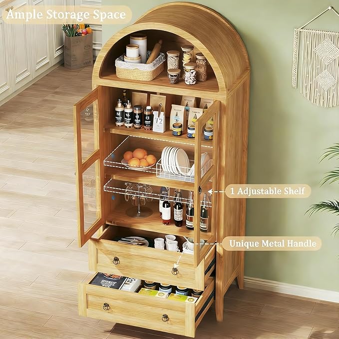HUAHUU 71" Tall Pantry Cabinet, Arched Cabinet, Kitchen Storage Cabinets with 2 Large Drawers & Adjustable Shelves & Glass Door for Living Room, Kitchen, Dining Room, Natrual