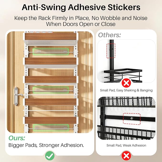 SNTD 8 Tiers Over the Door Organizer - Height Adjustable Pantry Organizers and Storage with Dense Mesh Baskets, Anti-Swing Hanging Door Spice Rack for Kitchen Bathroom (Walnut, 17" W x 6" D x 69" H)