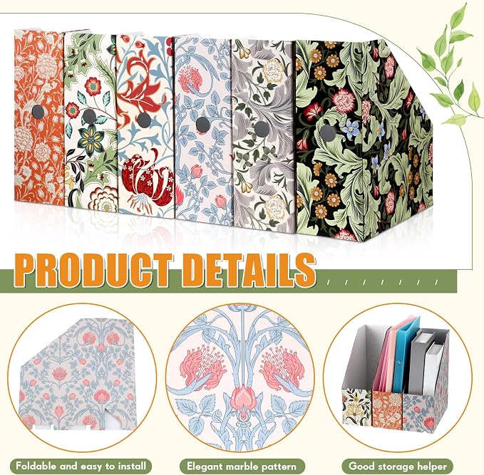 PerKoop 12 Pcs Decorative Magazine File Holders Floral Foldable File Folders Magazine Storage Boxes Rack Desk Organizer Documents with Printable Labels for School Office Home (Floral)