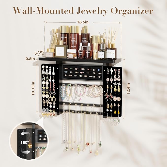 Emfogo Jewelry Organizer Hanging Wall Mounted Jewelry Holder, 5-in-1 Large Capacity Necklace Organizer Wall Display for Ring, Necklaces, Bracelets, Earrings(Black)