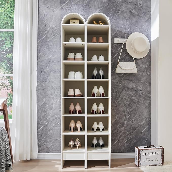 IFGET 67" Tall Arched Shoe Storage Cabinet, 8 Tiers 8 Pairs Wooden Shoe Rack with 3 Adjustable Shelves, Freestanding Shoe Closet Shelf Organizer for Entryway, Hallway, Living Room (Antique White)