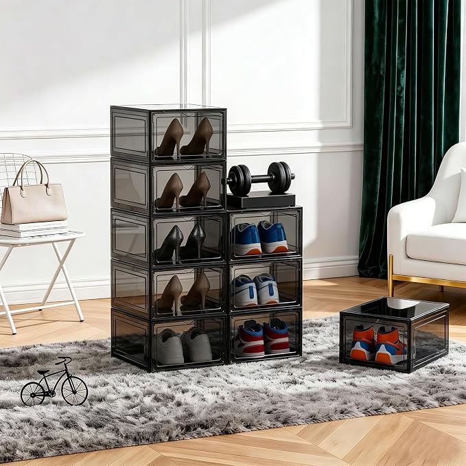 KEFA XL Shoe Storage Box, 8 PACK Shoe Boxes Clear Plastc Stackable Organizer, Clear Plastic Shoe Boxes Fit for US 15 (8 PACK GRAY)