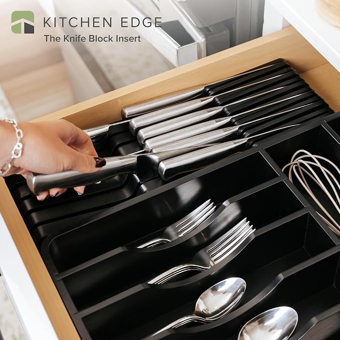 KitchenEdge In-Drawer Knife Block Holder, 11 Slots, Black | Fits most knife sizes, rubber feet, food-safe finish