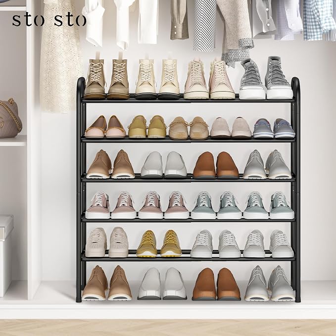 STO STO Expandable Shoe Rack, 5-Tier Metal Shoe Rack for Closet, Up to 24 Pairs Adjustable Shoe Rack Storage for Front Door Entrance, Free Standing Shoe Rack Organizer for Entryway, Black