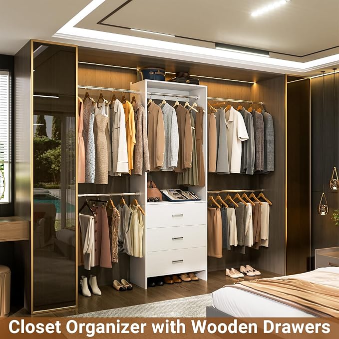 Aheaplus Closet System, Closet Organizer with 3 Wooden Drawers, Closet Organizer System, Walk-in Closet Wardrobe Clothes Rack with 4 Hanging Rods, Garment Rack, -4R, White