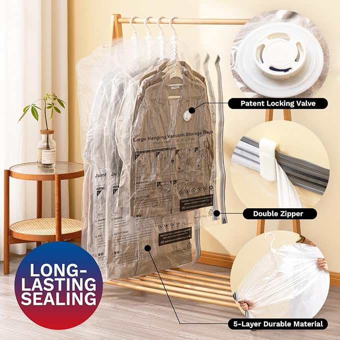 Hanging Vacuum Storage Bags For Clothes with Electric Pump, 4 Pack Large Hanging Space Saver Bags, Vacuum Sealed for Clothing Travel Suits Dress Jackets for Moving Supplies(4 Long)