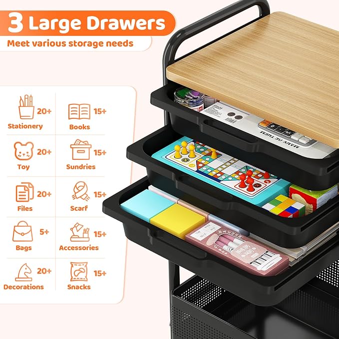 Metal Rolling Storage Cart with 3 Drawers - Utility Cart on Wheels with Pegboard & Wood Tabletop, Multifunctional Trolley Organizer with Hooks & Bin for Living Room,Bedroom,Craft Room,Office,Kids Room