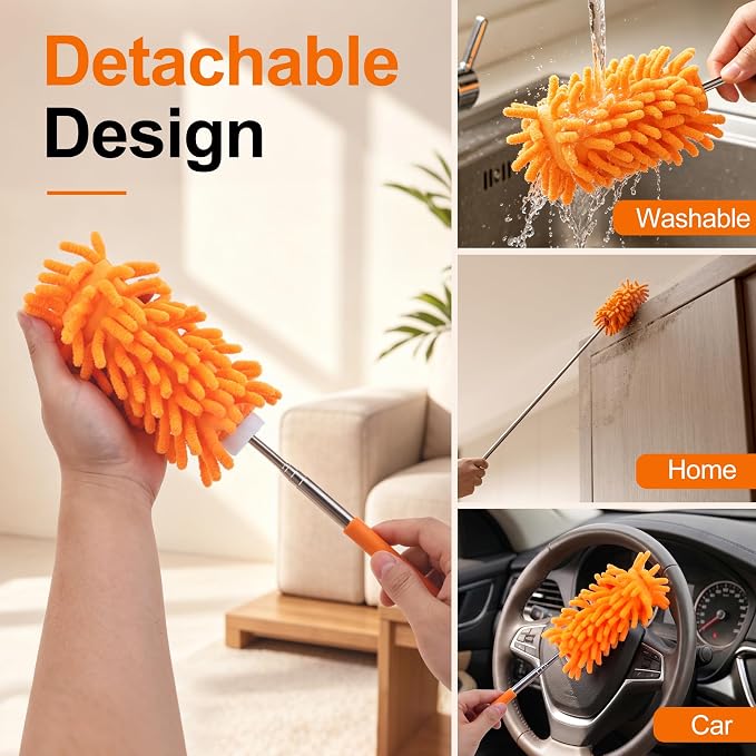 Cobweb Duster with Extension Pole, Pole5-Piece Spider Web Brush with Pole Kit, 100" Telescoping Microfiber Feather Dusters for Cleaning, Bendable Washable Dusters for High Ceilings, Ceiling Fans