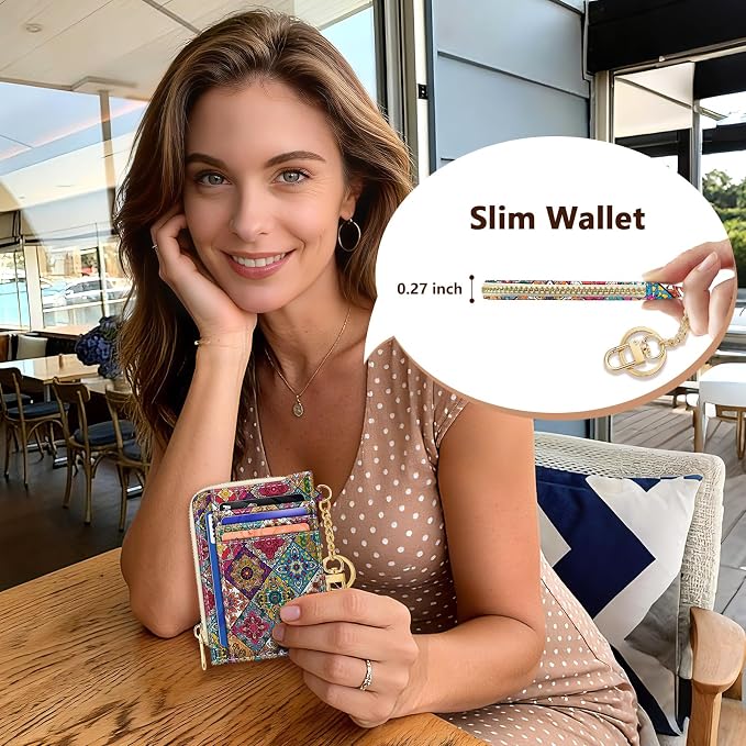 GIANCOMICS Slim Wallet Credit Card Holder Women, Boho Bohemian Mandala Rfid Blocking Small Card Case, Keychain Thin Pocket Curved Zipper Wallet, Travel Card Holder PU Leather, Ladies Female Gifts