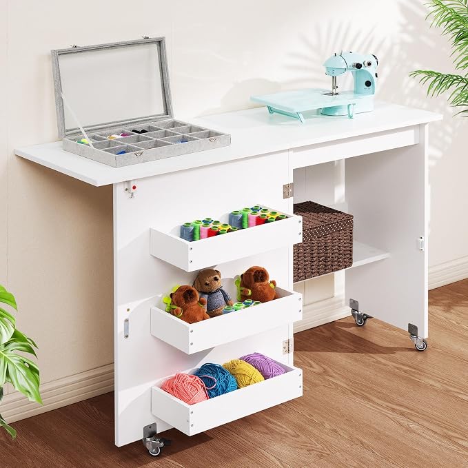 VIVOHOME Folding Sewing Table for Sewing Machine, Sewing Desk with Storage | Rolling Sewing Craft Table with Storage Shelves, Trays, Wheels, Sewing Cabinet with Lift for Small Spaces, White