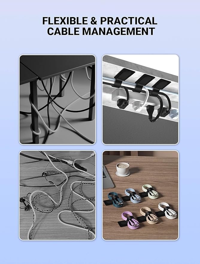 Extended Hook and Loop Cable Ties, Heavy-Duty Self-Adhesive Cable Straps, Cable Management Under Desk Cord Organizer, Adjustable Wire Organizers Cable Clips for Household & Office Essentials, 50PCS