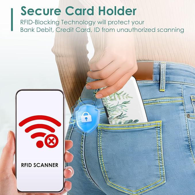 Credit Card Holder, RFID Blocking Aluminum Hard Case, Slim Mini Business Metal Wallet for Women Men, Green Plant Leaves