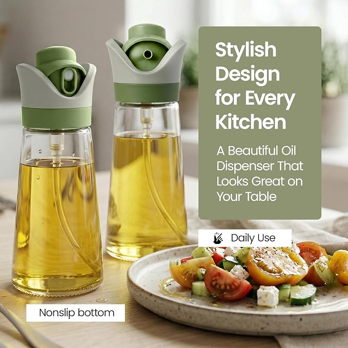 Olive Oil Dispenser for Kitchen 2-in-1 Pour and Spray | 11.5 oz / 340 ml | Glass Olive Oil Sprayer for Cooking, Airfryer, Salad & BBQ | Set of 2 Bottles, Green