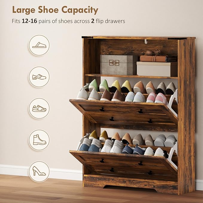 HOMCOM Shoe Cabinet with 2 Flip Drawers, Narrow Shoe Storage Cabinet with Adjustable Shelves and Open Shelf, Farmhouse Storage Organizer for Entryway, Hallway, Holds 12-16 Pairs, Rustic Brown