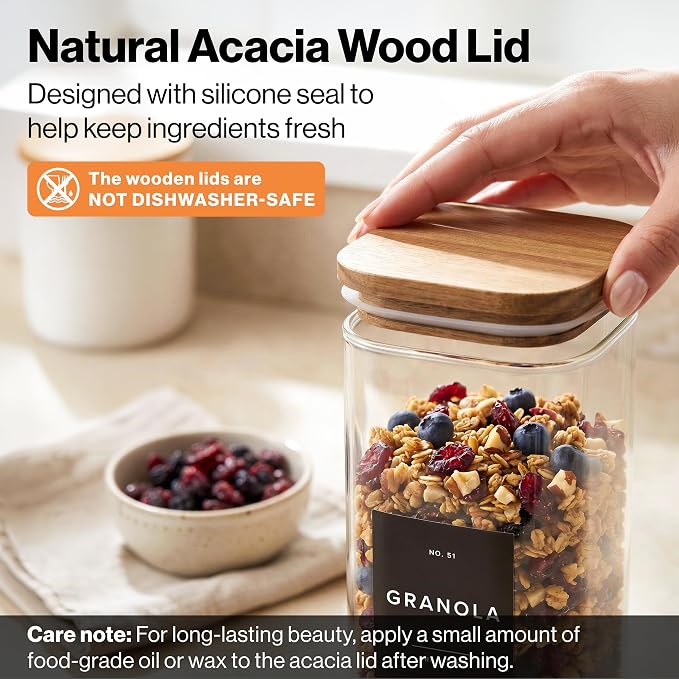 Glass Pantry Storage Jars Containers with Acacia Lids and Labels - Set of 5 | Extra Thick Square Glass Canisters with Acacia Wood Lids and 54 Pre-printed Pantry Labels keeps dry Goods Fresh and Organized