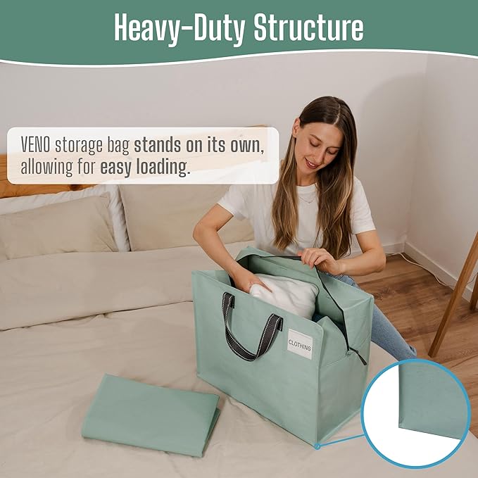 VENO 4 Pack Heavy Duty Moving Bags, Storage Bags, Packing Supplies, Top Zipper, Storage Totes for Camping, Clothes, Bedding, Comforters, Pillows (13 Gallon Light Green, 4 Pack)