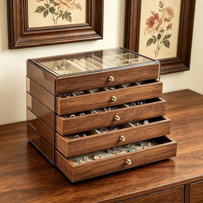Greenfeather Jewelry Box Organizer with 5 Drawers, Jewelry Organizers and Storage with Acrylic Lid Vintage Jewelry Drawer Organizer Earrings Rings Necklace Bracelets Gift Idea for Women and Girls