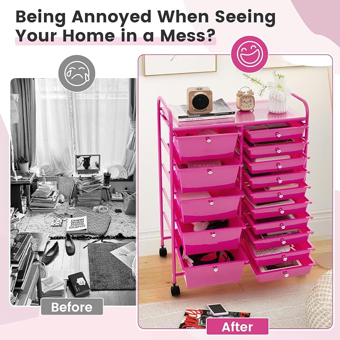 DREAMADE Rolling Cart with 15 Drawers, Rolling Drawer Organizer Cart w/Lockable Wheels, Removable & 2-Sized Storage Drawers, Art Cart for School Home Art Supplies Crafts File Scrapbook