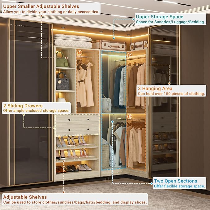 Besiost Closet System with 2 Drawers, 3 Hanging Rods, 59.5" * 31.5" Closet Organizer System with Corner Tower, Reversible L Shaped Walk-in Closet System, Corner Closet System Set of 2, Greige Oak