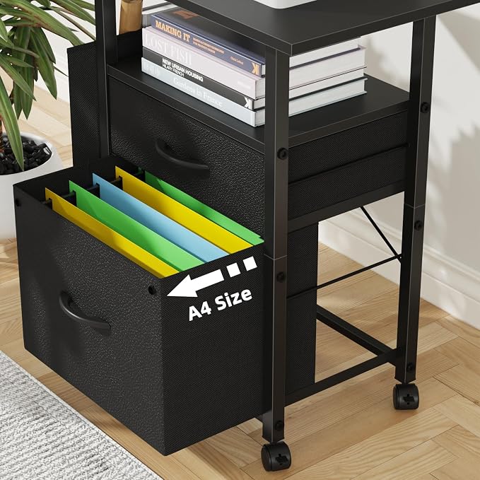 GYIIYUO 2 Drawer File Cabinet with 24'' Extended Desktop, Mobile | Rolling Filing Cabinet, Side Bag, Fits A4/Letter Size, Rolling Printer Stand, Home Office, Fabric Drawer, Black