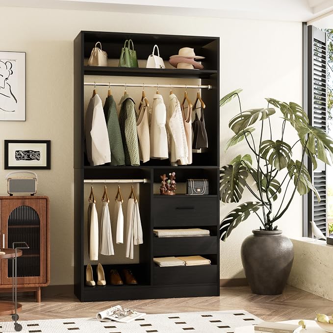 36 Inches Modular Closet Drawers System with Long Hanging Rods, 3FT Wood Closet Organiser with 3 Drawers, Walk-in Freestanding Wardrobe Storage Cabinet with 4 Shelves, Black (36"L x 15" W x 80" H)