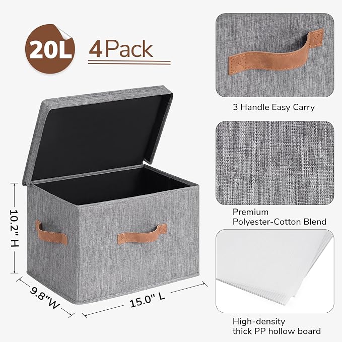 CHICVITA 4-Pack Small Storage Bins with Lids, Fabric Storage Bins for Closet, Toy Storage for Kids, Grey
