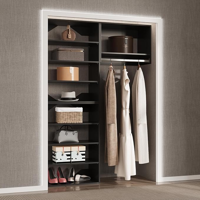 Modular Closet Organizer, 64" Wide Tower System with Hanging, Wood Tower Storage for Walk-In Closets, Wall Mounted Wardrobe Organizer Kit, Bedroom, Black