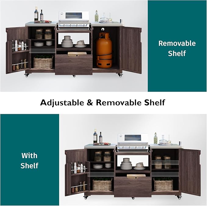 Amposei Outdoor Grill Cart Table for Large Big Green Egg Accessories 66.5’’ Solid Wood Kitchen Storage Island Prep Station with Stainless Steel Top for BBQ, Dark Brown