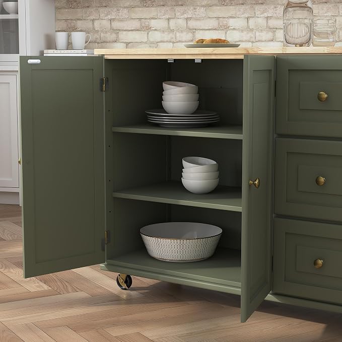 Homestyles Mobile Kitchen Island Cart with Wood Top and Dropleaf Breakfast Bar, 18" D x 53.5" W x 36" H, Green
