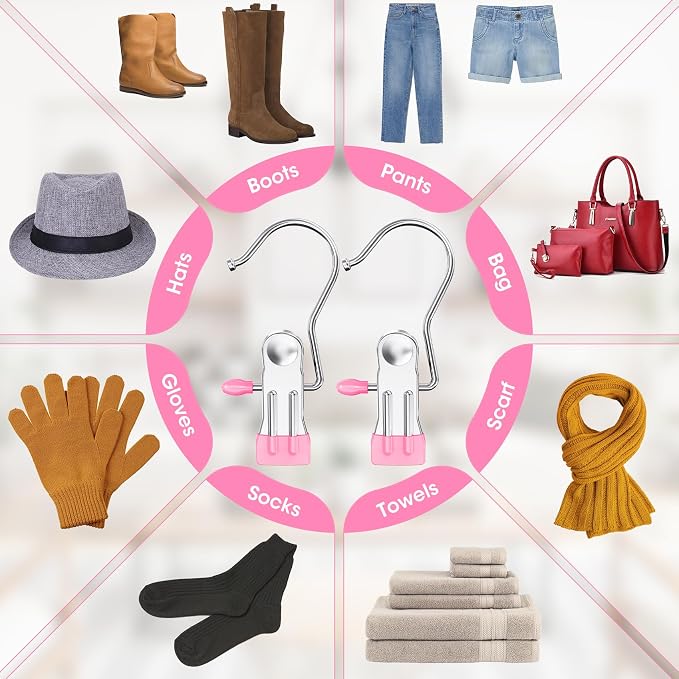 60 Pack Boot Hangers Clips for Closet, Laundry Hooks Hanging Clips Pants Hangers with Clips Legging Organizer Clothes Pins Hanger Clips for Closet Organizer Towel Socks Hats Jeans Home Travel Pink