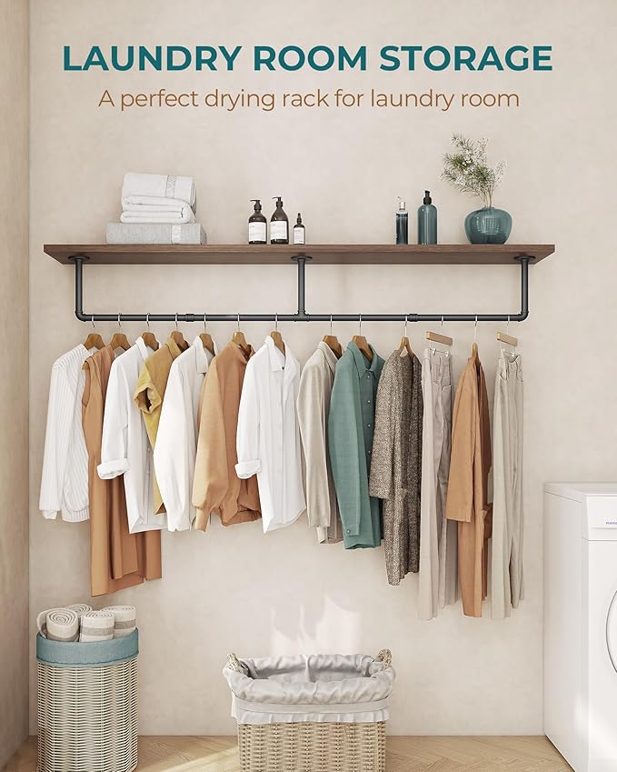 OROPY 65.7" Heavy Duty Industrial Pipe Clothes Rack for Hanging Clothes | Wall Mounted Clothes Bar, Space Saving Iron Garment Rack, Multi-Purpose Hanging Rod for Bedroom, Closet, Black, 3 Base