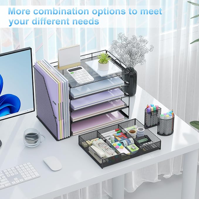 gianotter 5-Tier Desk Organizer with Drawers, File Holders, Letter Trays and Pen Holders - Workspace Accessories for Office Supplies (Black)