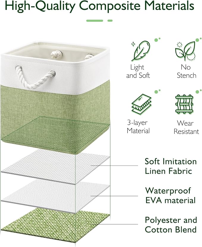 Patvingot 11 Inch Cube Storage Bins, 6 Pack Fabric Storage Cubes with Rope Handles, Organizer Baskets for Closet Shelves, Clothes and Home Organization(White/Green)